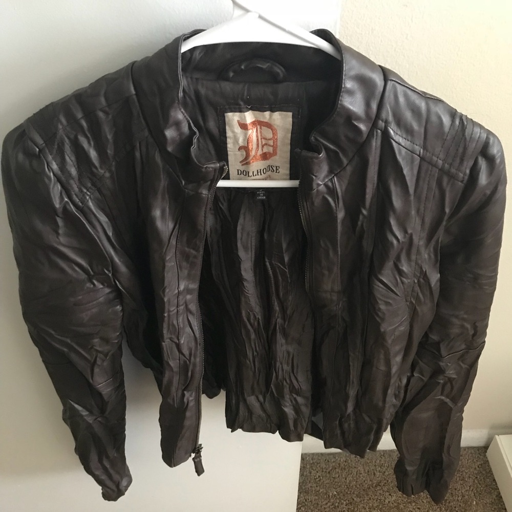 Faux brown leather moto jacket